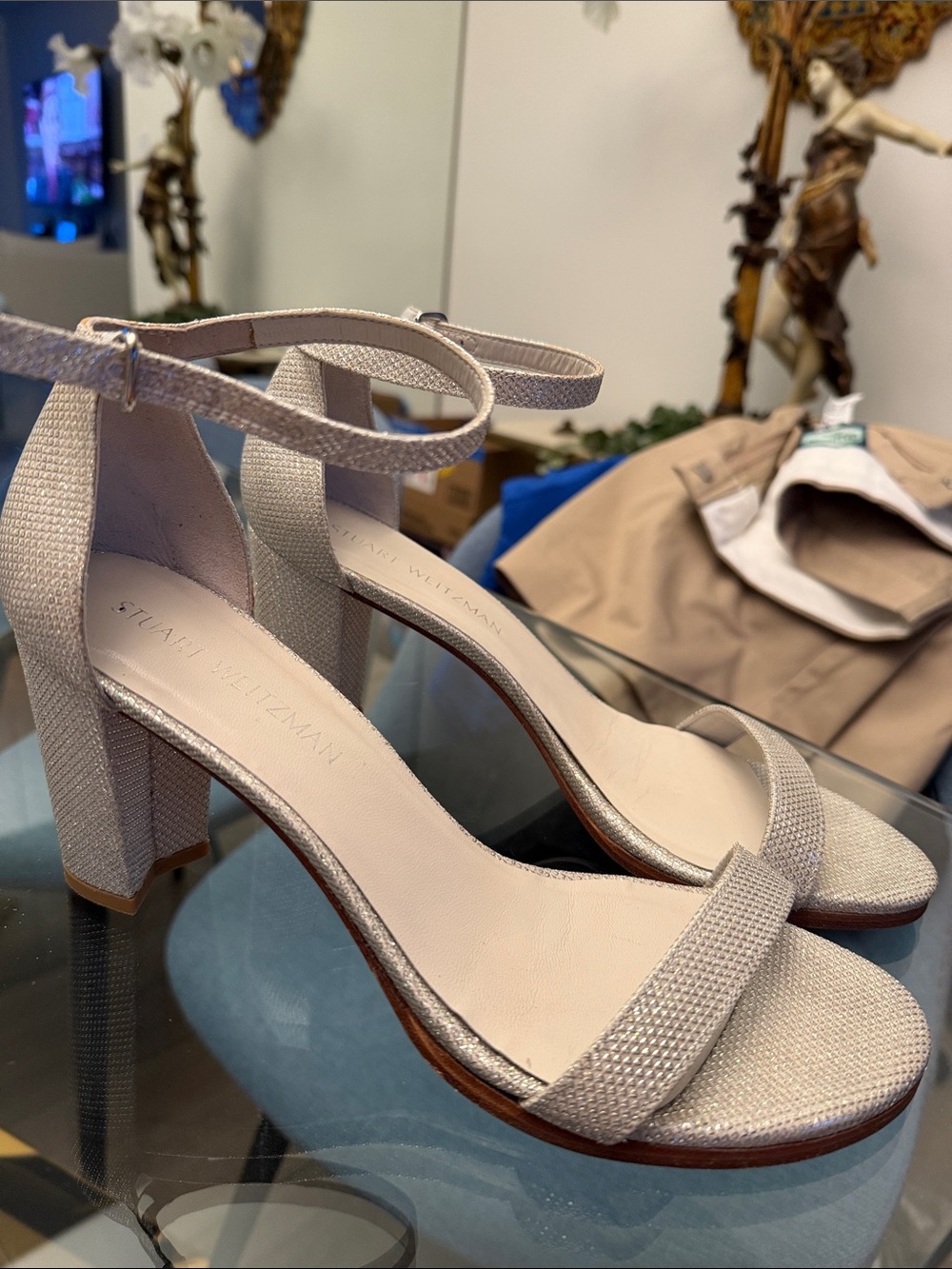 Stuart Weitzman Light Silver Block Heel Sandals